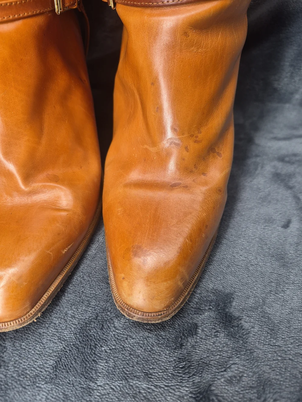 Vtg Cognac Brown Leather Classic Knee High Boots Ankle Strap Gold Tone 7.5
